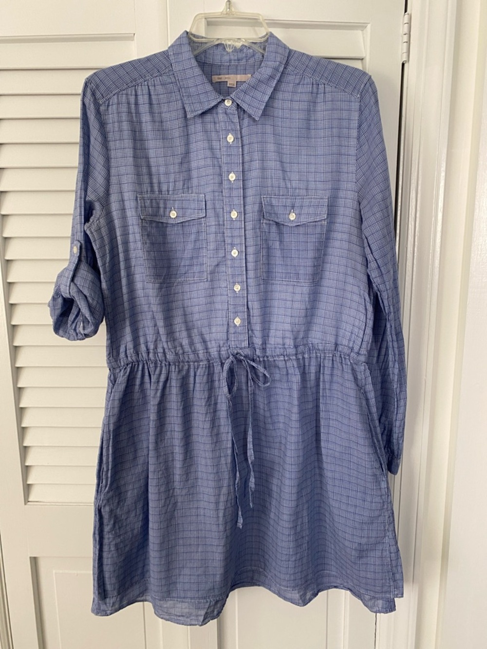 GAP Blue Checked Button-Front Drawstring Shirt Dress